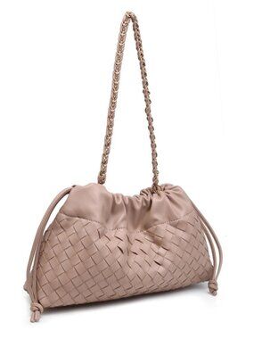 Urban Expressions Beige Woven Shoulder Bag Gold Chain Drawstring NWT